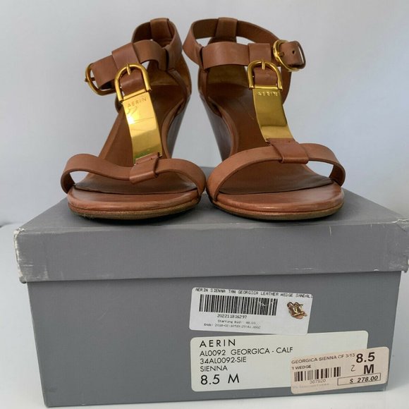 AERIN GEORGICA TAN LEATHER WEDGE SANDALS SIZE 8.5 - Picture 7 of 9